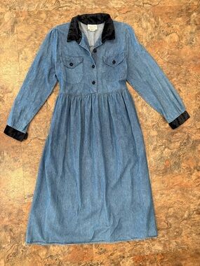 Long Jean dress with black velvet accents tie back Stuart Alan Petites dress